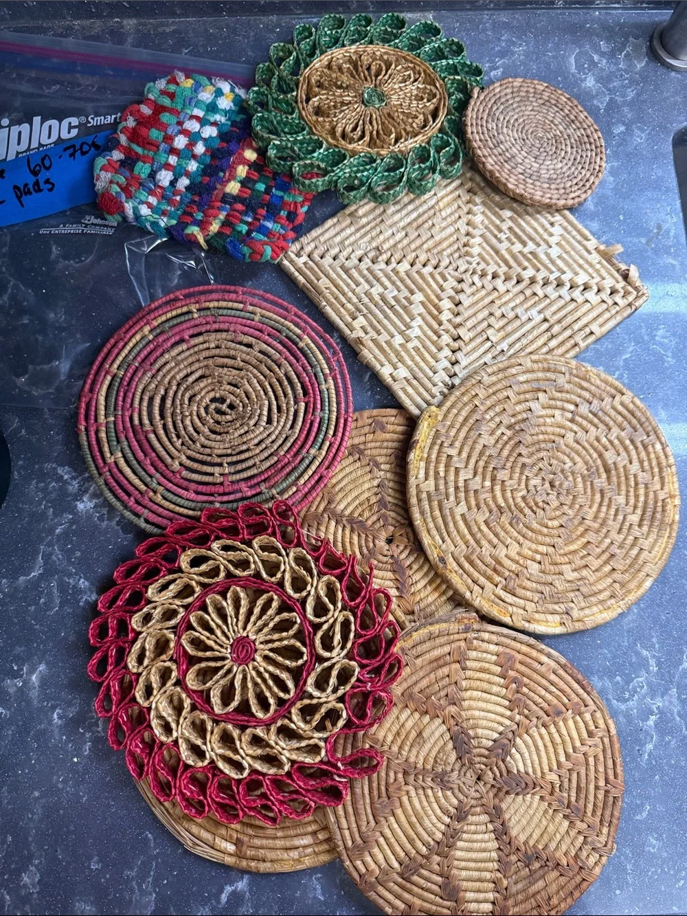 60’s-70’s Assorted Woven Rattan & Straw pot holders and Trivets - 10 pieces